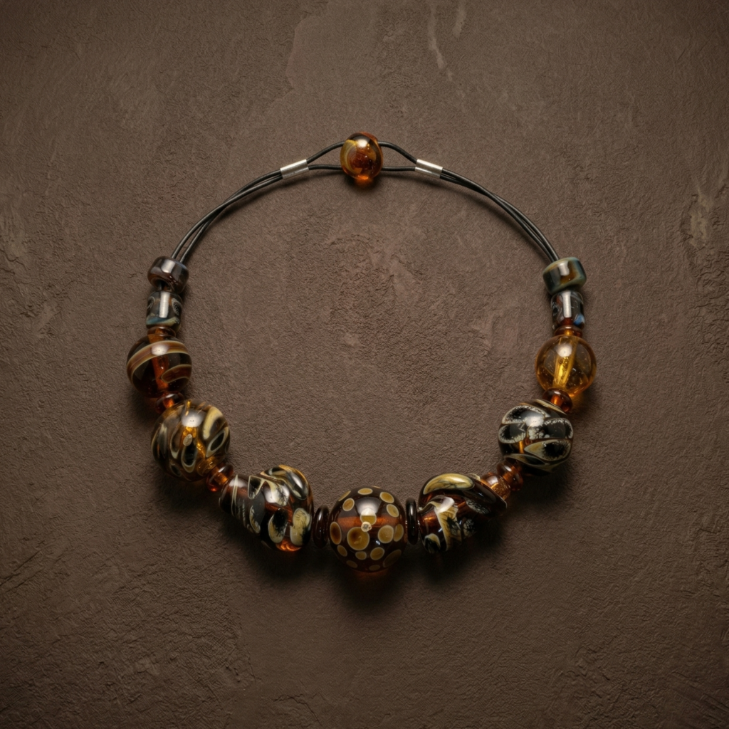 Close-up of Annie McCabe's lampwork glass bracelet, vivid swirls of cobalt and amber